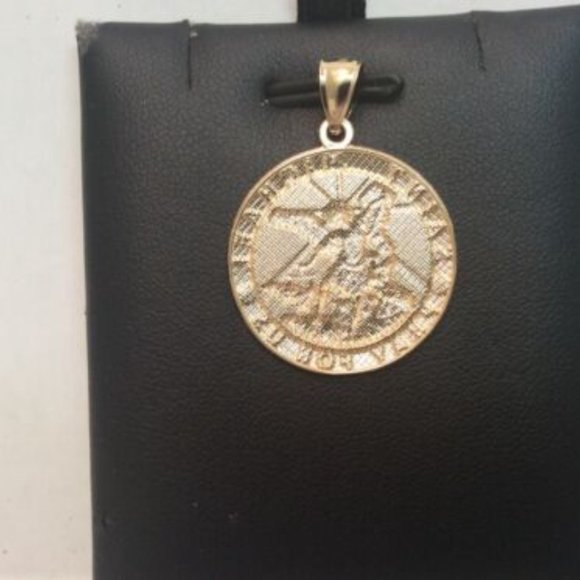 10K YELLOW REAL SOLID GOLD MEDALLION PENDANT SAINT MICHAEL PRAY FOR US 3.40 GR - Picture 3 of 8